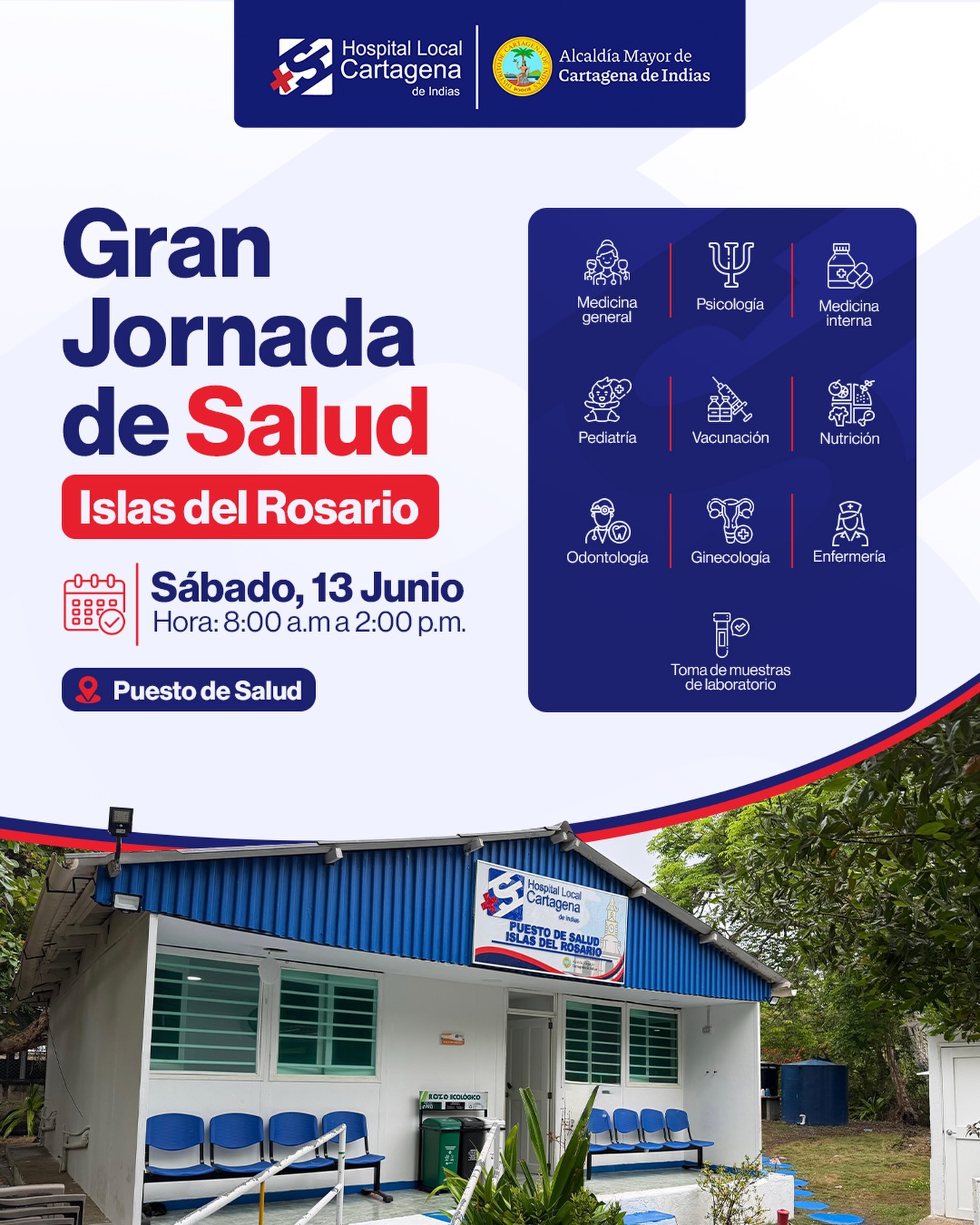 🏝️🩺 Gran Jornada de Salud en Islas del Rosario

Seguimos acercando servicios de salud a nuestras comunidades. Este sábado 13 de junio tendremos una jornada con atención en diferentes especialidades, toma de muestras de laboratorio y vacunación.

📍 Puesto de Salud de Islas del Rosario
🕗 8:00 a. m. a 2:00 p. m.

💙 ¡Te esperamos para seguir cuidando juntos tu bienestar y el de tu familia!