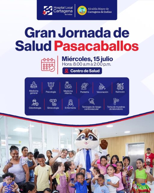 🩺 Gran Jornada de Salud en Pasacaballos 💙

¡Tu salud es lo más importante! Te invitamos a participar en esta jornada, donde podrás acceder a servicios como vacunación, consultas con médicos especialistas, medicina general, odontología, psicología, nutrición y mucho más.

👨‍👩‍👧‍👦 Ven con tu familia y recibe atención cerca de ti.

¡Te esperamos para seguir transformando la salud de los cartageneros! ✨