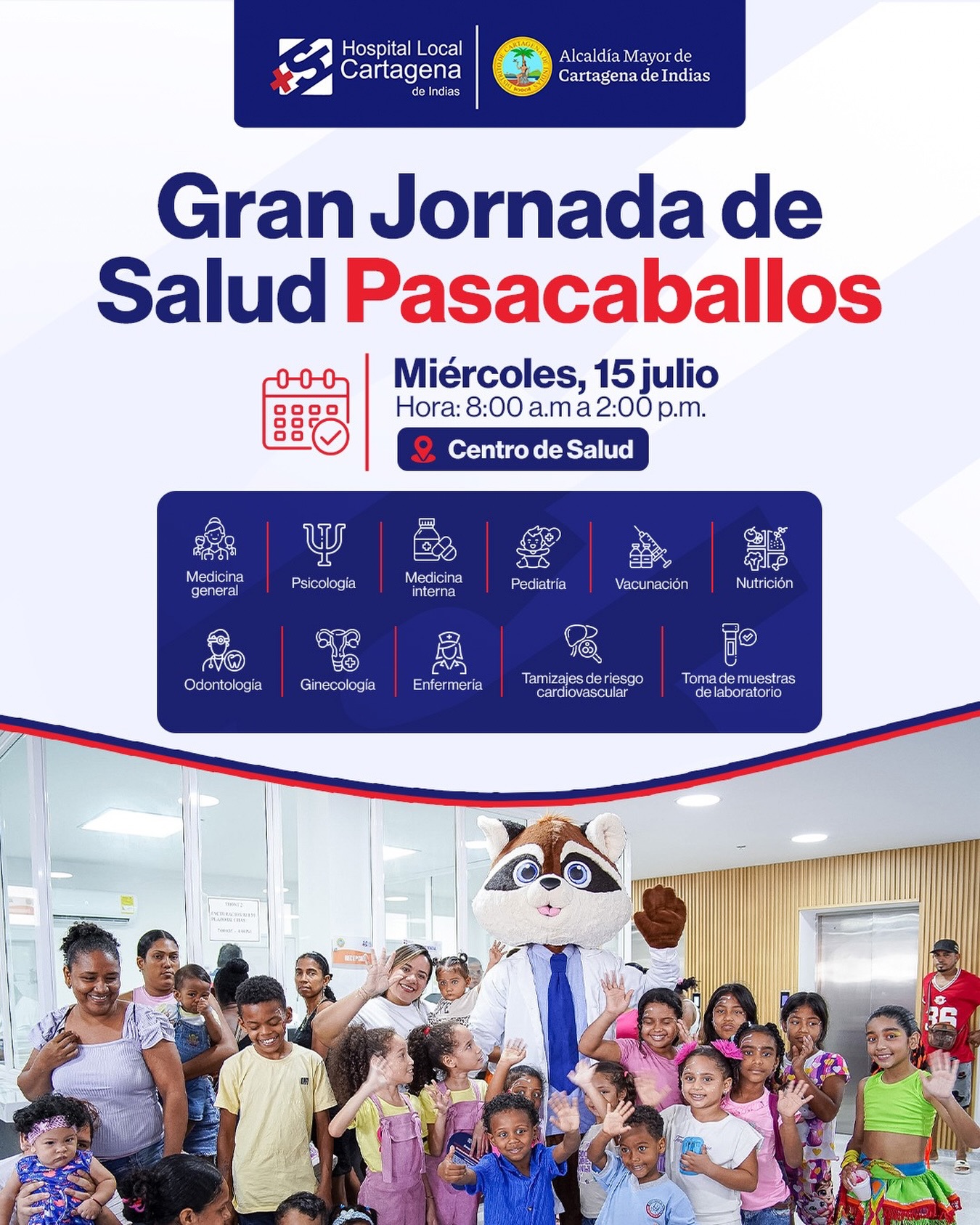 🩺 Gran Jornada de Salud en Pasacaballos 💙

¡Tu salud es lo más importante! Te invitamos a participar en esta jornada, donde podrás acceder a servicios como vacunación, consultas con médicos especialistas, medicina general, odontología, psicología, nutrición y mucho más.

👨‍👩‍👧‍👦 Ven con tu familia y recibe atención cerca de ti.

¡Te esperamos para seguir transformando la salud de los cartageneros! ✨